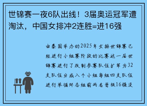 世锦赛一夜6队出线！3届奥运冠军遭淘汰，中国女排冲2连胜=进16强